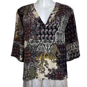 La Fee Maraboutee Womens Blouse Top Paisley Patchwork V-Neck Italy Sz Small